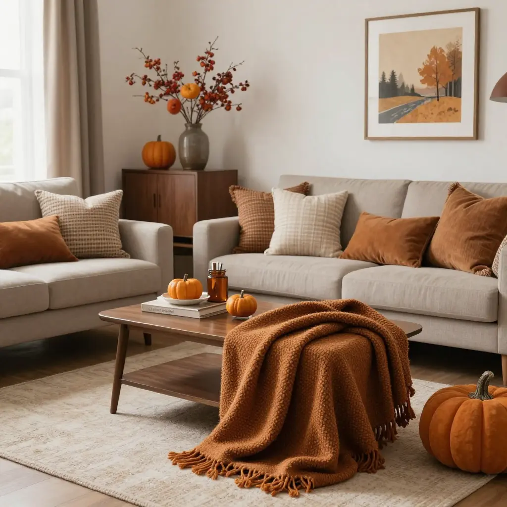 Professionally styled living room with seasonal decorations