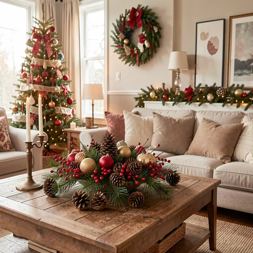 Holiday decorated living room with festive arrangements